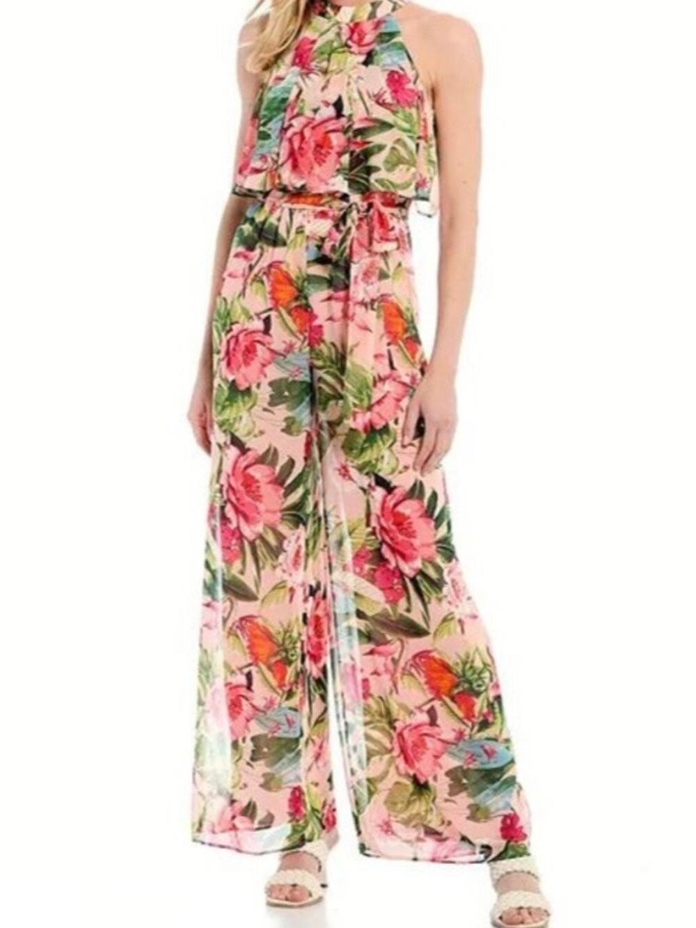 Eliza J Pink Floral High Neck Wide Leg Chiffon Jumpsuit Sz.4